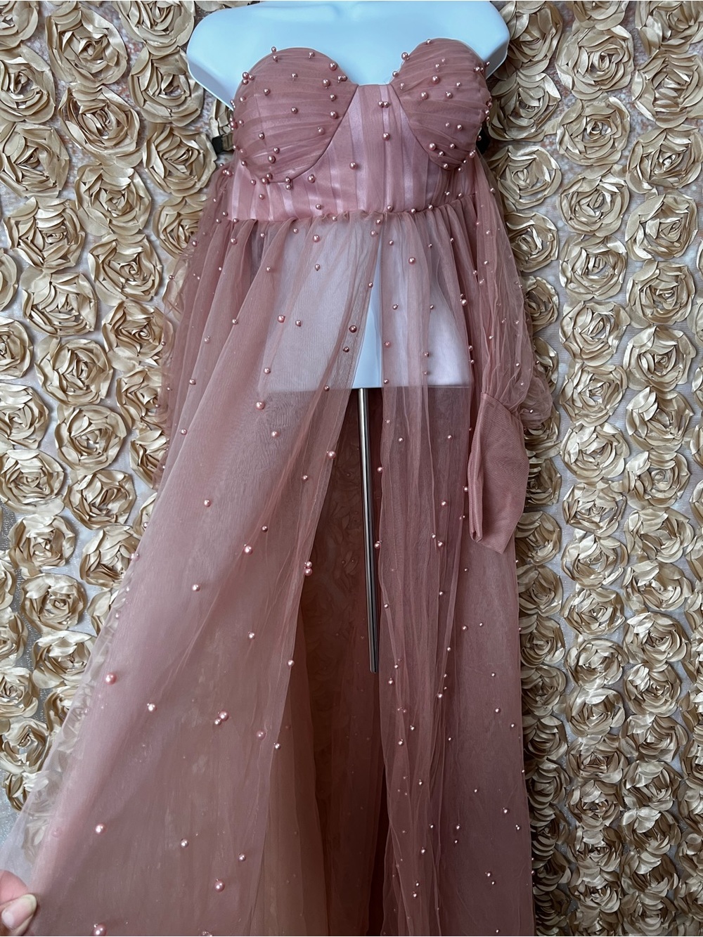Strapless Pearl-Embellished Dusty Rose Tulle Gown